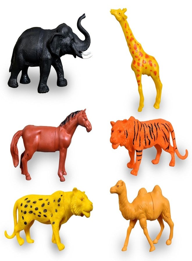TEC TAVAKKAL Set of 6 Big Size Full Action Toy Figure Jungle Cartoon Wild Animal Toys Figure Playing Set for Kids Current Animals Toys for Kids Black Elephant Tiger Giraffe Horse Leopard and Camel - Image 1